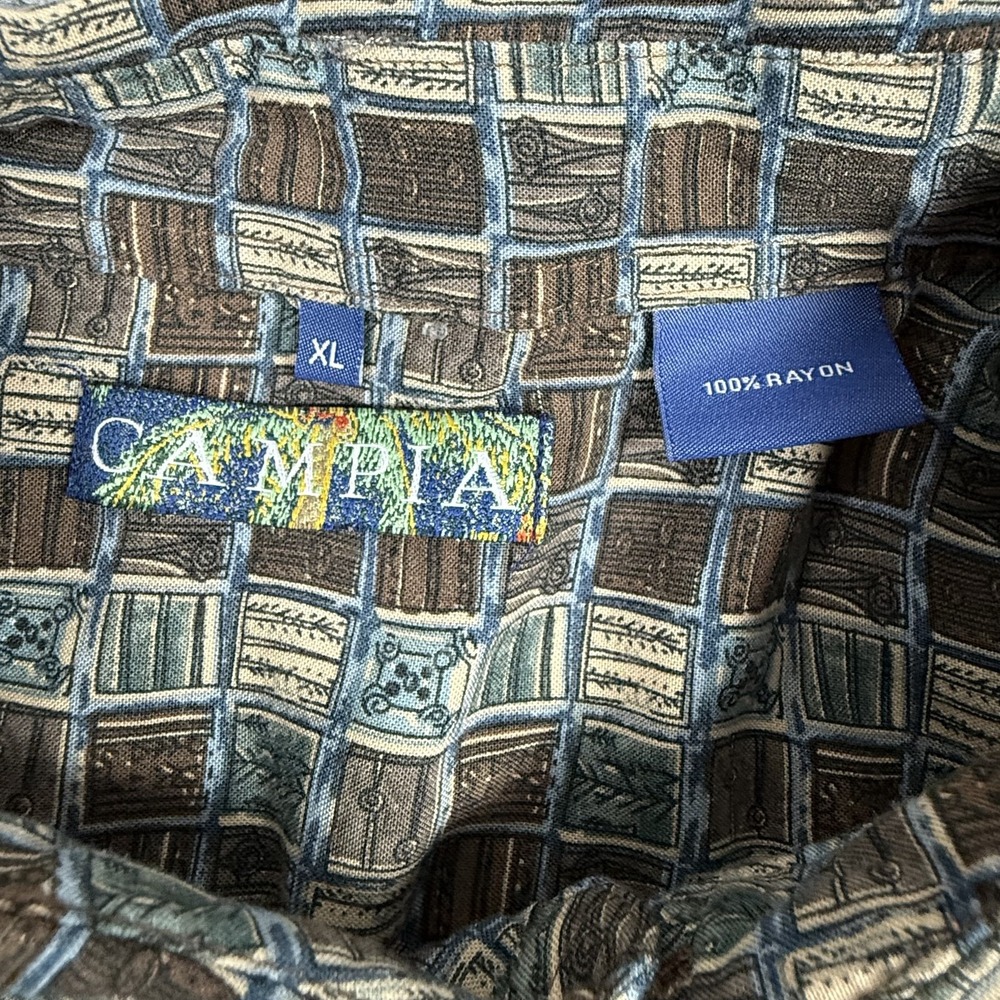 Campia Shirt Mens XL Brown Blue Geometric Pattern Short Sleeve Rayon Button Up - Picture 8 of 9